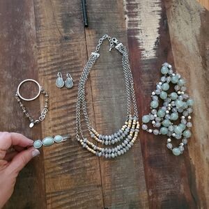 Silver Tone & Light Green Beaded 5 Piece Jewerly Bundle